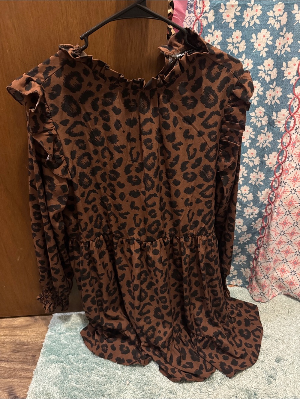 SHEIN Brown and Black Leopard Print Ruffle Long Sleeve Dress